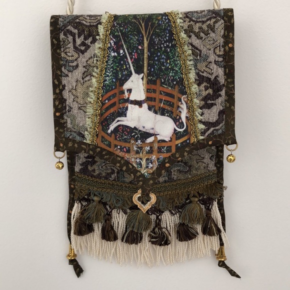 Unicorn in Captivity Fabric Bag Purse Renaissance Garb Handmade Tassel Flap - Picture 2 of 8